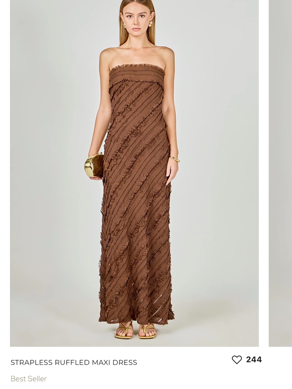 Strapless Ruffled Chocolate Brown Maxi Dress - Size Medium (M)
